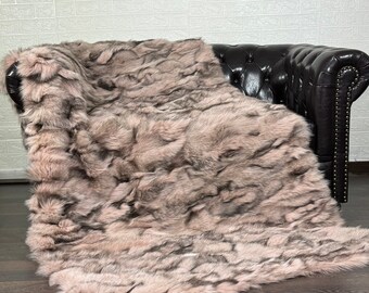 Real DOUBLE SIDED Pink Fox Fur Throw • Personalized Genuine Fur Throw Rug • Housewarming Gift • Handmade Vintage Fur Throw for Living Room
