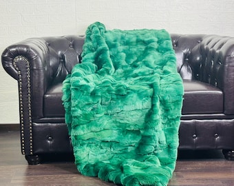 Luxurious Rex Rabbit Fur Blanket Throw Green •  Personalized  Handmade Fur Sofa Cover n Bedspread • Vintage Rabbit fur Throw Blanket