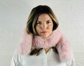 Luxurious Real Fox Fur Scarf Baby Pink - Handcrafted Winter Fashion Accessory - Ethically and Organically Farmed Fox Fur