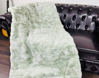 Real DOUBLE SIDED Rabbit Fur Blanket Throw Green • Personalized Handmade Fur Sofa Cover n Bedspread • Vintage Rabbit fur Throw Blanket