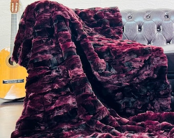 Red Black rex rabbit fur throw blanket soft sofa bed accent and rug