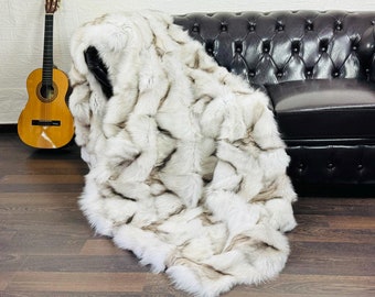 Real DOUBLE SIDED Natural Fox Fur Throw • Personalized Genuine Fur Throw Rug • Handmade Vintage Fur Throw for Living Room n Bedroom