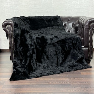 Black rabbit fur throw blanket luxury home decor