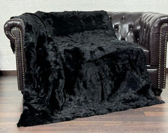 Black rabbit fur throw blanket luxury home decor