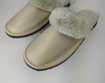 Fur Sheepskin Leather Slippers Beige for Women • Cozy Warm House Wool Slippers  •  Handmade genuine leather slippers