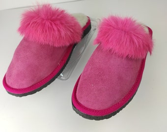 Fur Sheepskin Leather Slippers Fuchsia for Women • Cozy Warm House Wool Slippers  •  Handmade genuine leather slippers