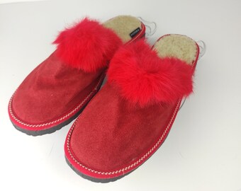 Fur Sheepskin Leather Slippers Red for Women • Cozy Warm House Wool Slippers  •  Handmade genuine leather slippers