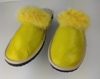 Fur Sheepskin Leather Slippers Yellow for Women • Cozy Warm House Wool Slippers  •  Handmade genuine leather slippers