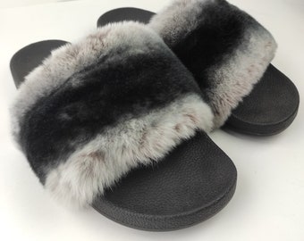 Fur slides, fur slippers, rabbit fur slides, fluffy slides