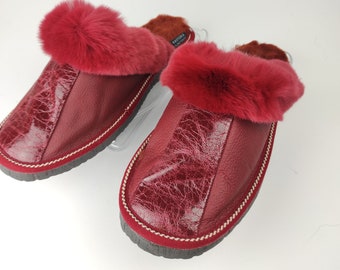 Fur Sheepskin Leather Slippers Red for Women • Cozy Warm House Wool Slippers  •  Handmade genuine leather slippers