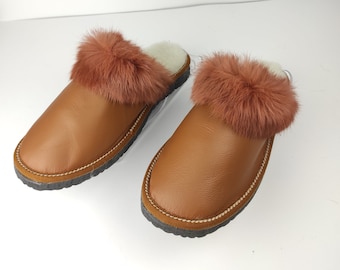 Fur Sheepskin Leather Slippers Brown for Women • Cozy Warm House Wool Slippers  •  Handmade genuine leather slippers