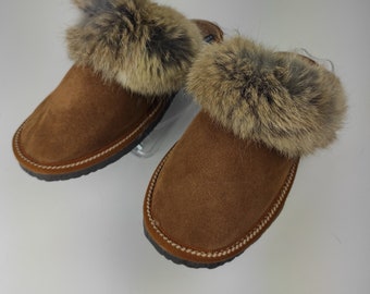 Fur Sheepskin Leather Slippers Brown for Women • Cozy Warm House Wool Slippers  •  Handmade genuine leather slippers
