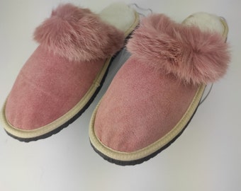 Fur Sheepskin Leather Slippers Baby Pink for Women • Cozy Warm House Wool Slippers  •  Handmade genuine leather slippers