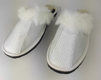 Fur Sheepskin Leather Slippers White for Women • Cozy Warm House Wool Slippers  •  Handmade genuine leather slippers