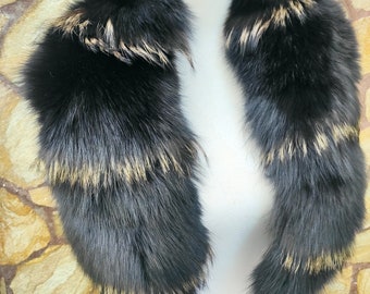 Fluffy fox fur collar scarf black with golden detailing, warm detachable luxury fur wrap, soft elegant fur stole