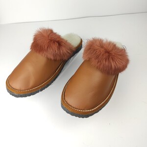 Fur Sheepskin Leather Slippers Brown for Women • Cozy Warm House Wool Slippers  •  Handmade genuine leather slippers