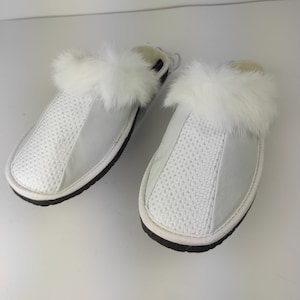 Fur Sheepskin Leather Slippers White for Women • Cozy Warm House Wool Slippers  •  Handmade genuine leather slippers