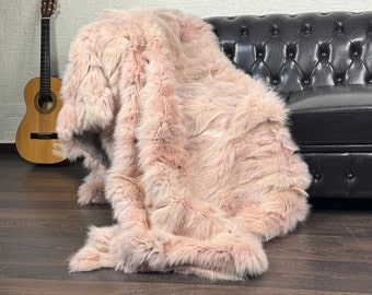 EXCLUSIVE Real FOX FUR Throw Blanket Pink• Large Area Rug  • Genuine Fur Rug  • Ethically and Organic Farmed Fox Fur  • Scandinavian Decor