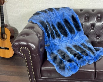 Real DOUBLE SIDED Blue Black Full Skin Rex Rabbit Fur Blanket Throw • Handmade Fur Sofa Cover n Bedspread • Vintage Rabbit fur Throw Blanket