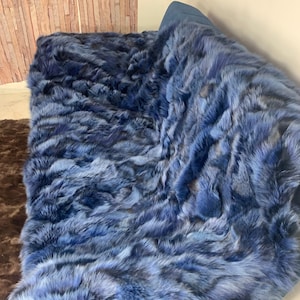 Real Blue Fur Blanket • Personalized Fox Fur Blanket Throw • Handmade Genuine Fur Blanket • Fur Bedspread n Sofa Cover
