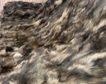 Real fox fur throw blanket with beige and brown pattern, elegant bedspread & fox fur rug for living room and bedroom design