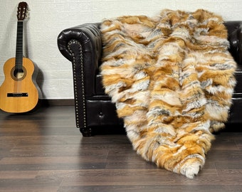 Real DOUBLE SIDED Red Canadian Fox Fur Throw • Personalized Genuine Fur Throw Rug • Handmade Vintage Fur Throw for Living Room n Bedroom