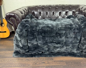 Real DOUBLE SIDED Gray Rex Rabbit Fur Blanket Throw • Handmade Fur Sofa Cover n Bedspread • Vintage Rabbit fur Throw Blanket