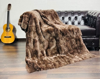 Real DOUBLE SIDED Brown Rex Rabbit Fur Blanket Throw • Handmade Fur Sofa Cover n Bedspread • Vintage Rabbit fur Throw Blanket