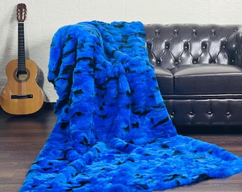 Luxurious Rex Rabbit Fur Blanket Throw Blue Black •  Personalized  Handmade Fur Sofa Cover n Bedspread • Vintage Rabbit fur Throw Blanket