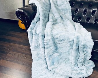 Real DOUBLE SIDED Rabbit Fur Blanket Throw Light Blue • Personalized Handmade Fur Sofa Cover n Bedspread • Vintage Rabbit fur Throw Blanket