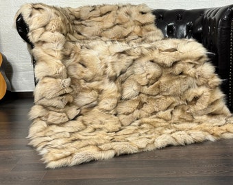Real DOUBLE SIDED Beige Fox Fur Blanket Throw • Personalized Fox Blanket  • Genuine Fur House Decor • Fur Bedspread n Sofa Cover