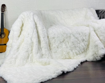 Real Rabbit Pelt Fur Blanket Throw White • Personalized Handmade Fur Sofa Cover n Bedspread • Vintage Rabbit fur Throw Blanket