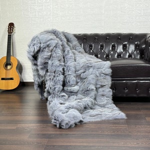 Real DOUBLE SIDED Grey Fur Blanket • Personalized Fox Fur Blanket Throw • Handmade Genuine Fur Blanket • Fur Bedspread n Sofa Cover