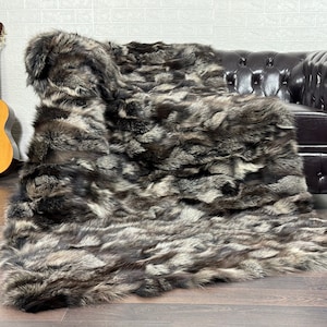Real DOUBLE SIDED Brown Fox Fur Throw • Personalized Genuine Fur Throw Rug • Housewarming Gift • Handmade Vintage Fur Throw for Living Room
