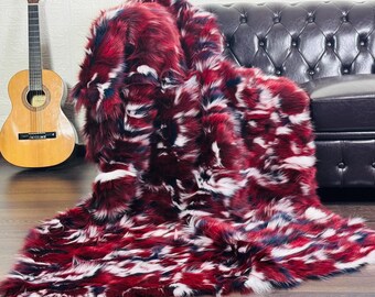 UNIQUE Real FOX FUR Throw Blanket Red White Black • Large Area Rug  • Genuine Fur Rug  • Ethically Farmed Fox Fur  • Scandinavian Decor
