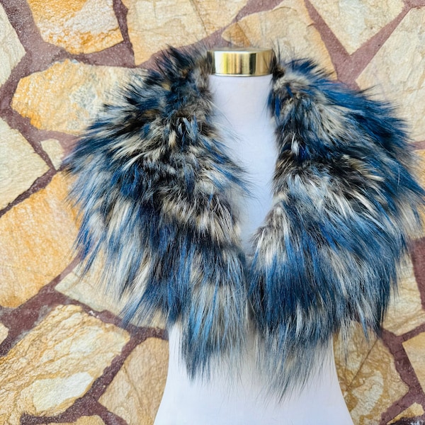 Real Fox Fur Collar •  Genuine Fur Collar Blue Beige • Real Fur Scarf • Fur Wrap • Fur Shawl