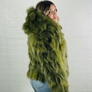 Veste luxueuse en fourrure de renard véritable pour femme et homme Vert • Mode hivernale élégante personnalisée • Fourrure de renard issue de l'agriculture biologique et éthique