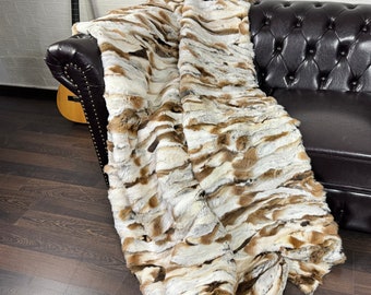 Real DOUBLE SIDED White Brown Rex Rabbit Fur Blanket Throw • Handmade Fur Sofa Cover n Bedspread • Vintage Rabbit fur Throw Blanket