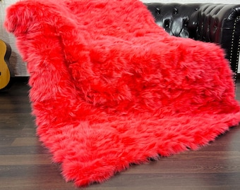 Real DOUBLE SIDED Orange Red Fox Fur Throw • Personalized Genuine Fur Throw Rug • Handmade Vintage Fur Throw for Living Room n Bedroom