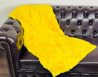Real DOUBLE SIDED Yellow Full Skin Rex Rabbit Fur Blanket Throw • Handmade Fur Sofa Cover n Bedspread • Vintage Rabbit fur Throw Blanket