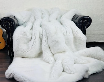 White Fox Fur Blanket Full Skin The Most Luxurious Real Fur Throw Handmade Genuine Fur Bedspread Sofa Accent Gift