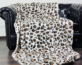 LUXURIOUS Rabbit Fur Blanket Throw Leopard Print • Handmade Fur Sofa Cover n Bedspread • Vintage Rabbit fur Throw Blanket