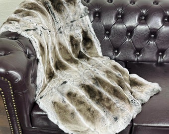 Real DOUBLE SIDED Gray Brown Full Skin Rex Rabbit Fur Blanket Throw • Handmade Fur Sofa Cover n Bedspread • Vintage Rabbit fur Throw Blanket
