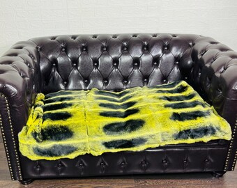Real DOUBLE SIDED Yellow Black Full Skin Rex Rabbit Fur Blanket Throw • Handmade Fur Sofa Cover n Bedspread • Vintage Rabbit fur Throw