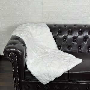 Real Rex Rabbit Pelt Fur Blanket Throw White • Personalized  Handmade Fur Sofa Cover n Bedspread • Vintage Rabbit fur Throw Blanket
