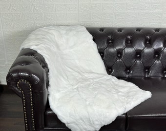 Real Rex Rabbit Pelt Fur Blanket Throw White • Personalized  Handmade Fur Sofa Cover n Bedspread • Vintage Rabbit fur Throw Blanket