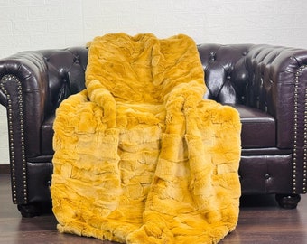 Unique Rex Rabbit Fur Blanket Throw Brown •  Personalized  Handmade Fur Sofa Cover n Bedspread • Vintage Rabbit fur Throw Blanket
