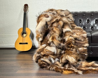 Elegant DOUBLE SIDED Crystal Natural Fox Fur Throw Blanket - Soft Fox Fur Blanket - Cozy Winter Home Decor