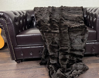 Real DOUBLE SIDED Brown Rex Rabbit Fur Blanket Throw • Handmade Fur Sofa Cover n Bedspread • Vintage Rabbit fur Throw Blanket