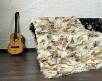Real DOUBLE SIDED Real Golden Natural FOX fur Blanket • Personalized Fox Fur Blanket • Ethically and Organic Farmed Fox• Scandinavian Decor